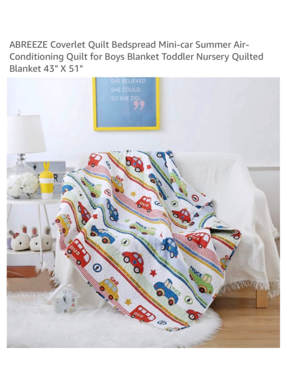 ABREEZE Cars Trucks Bus Toddler Quilted Blanket Coverlet 46” x 56”